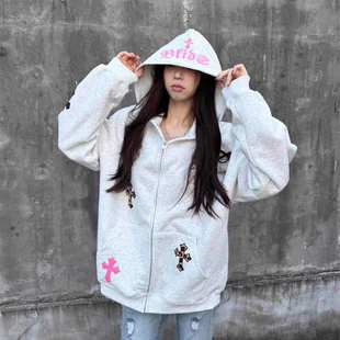 美式十字架刺绣连帽卫衣女大童冬装初中高中学生宽松拉链开衫外套
