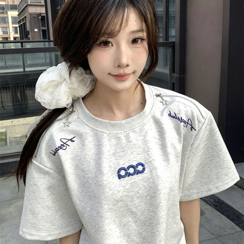 美式复古字母刺绣女大童短袖T恤