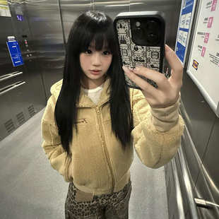 美式羊羔毛连帽开衫卫衣女大童初中高中学生加绒加厚宽松短款外套