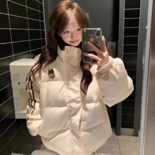 米白色羽绒服女大童初中高中学生短包服三条杠加厚宽松棉服外套