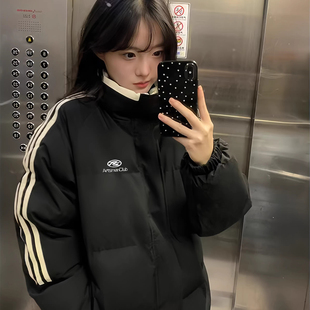 黑色三条杠羽绒棉服女大童初中高中学生立领oversize学院风外套