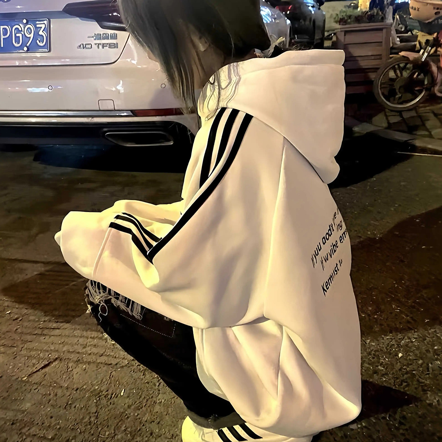 美式复古三条杠连帽卫衣女