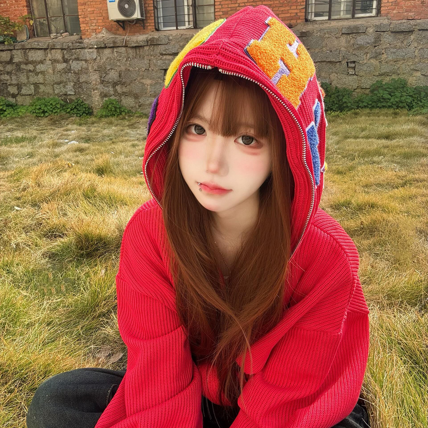 红色连帽拉链开衫卫衣女大童初中高中学生宽松外套氛围感潮牌上衣