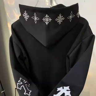 黑色十字架刺绣连帽卫衣女大童初中高中学生宽松加绒长袖百搭外套
