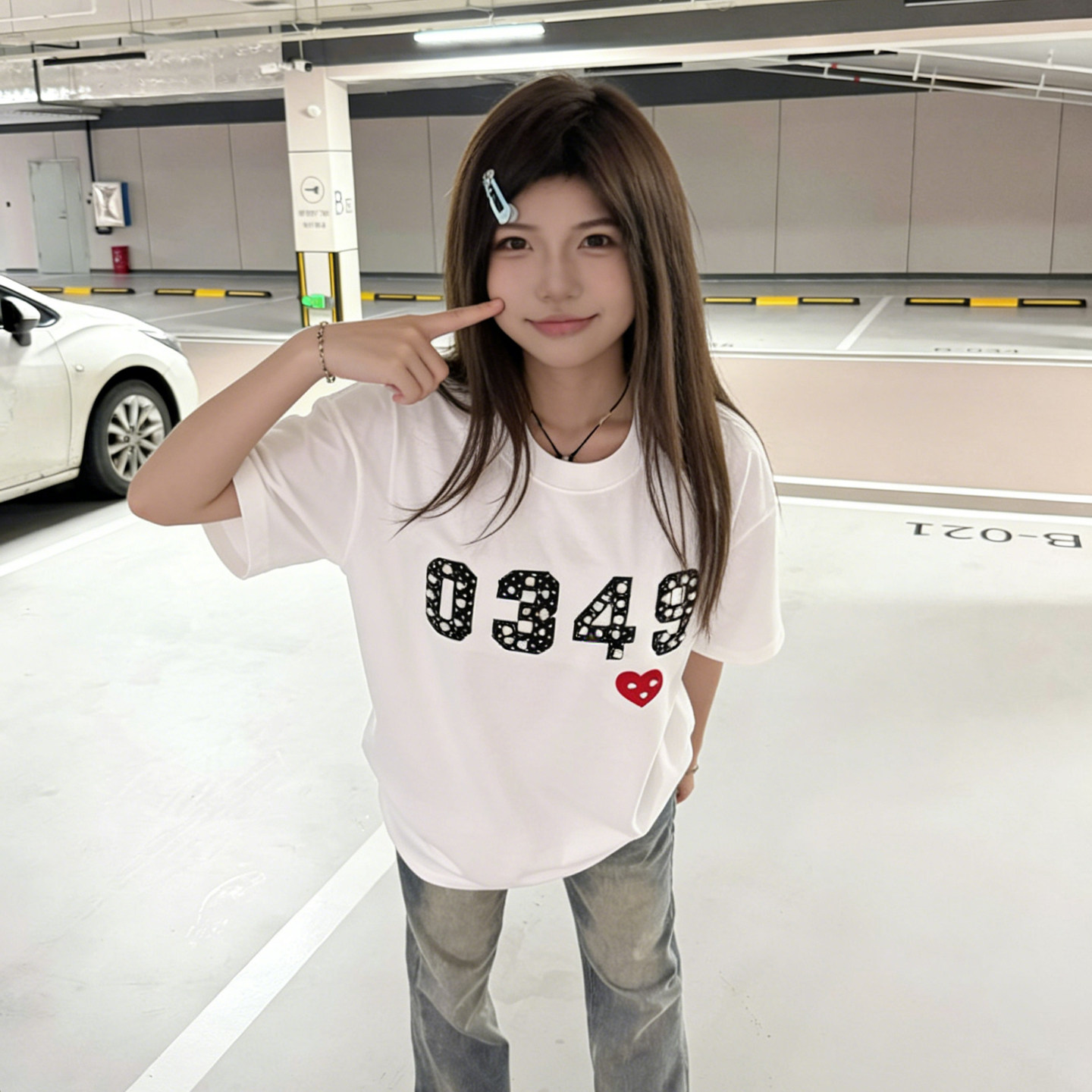 美式数字刺绣钉珠短袖T恤女大童初中高中学生白色高级感情侣上衣