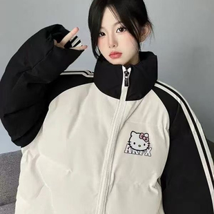 学院风撞色拼接羽绒棉服女大童初中高中学生三条杠HelloKitty外套