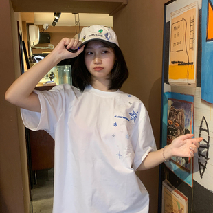 2026新款纯棉短袖T恤女大童初中高中学生宽松刺绣上衣百搭设计感