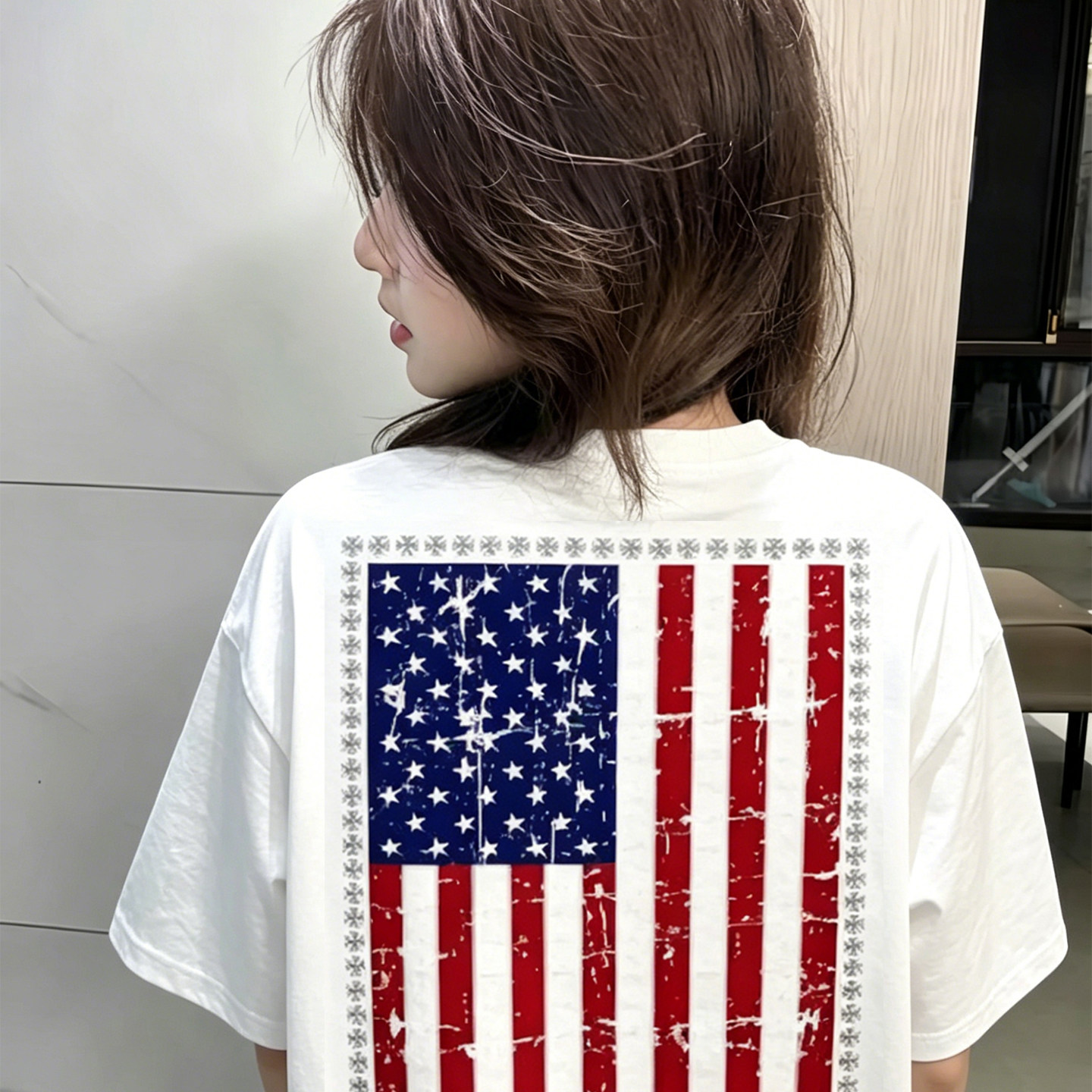复古风口袋设计美国国旗短袖T恤女大童初中高中学生宽松白色上衣