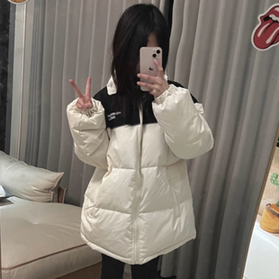 撞色立领中长款羽绒棉服女大童初中高中学生加厚保暖白羽绒服外套
