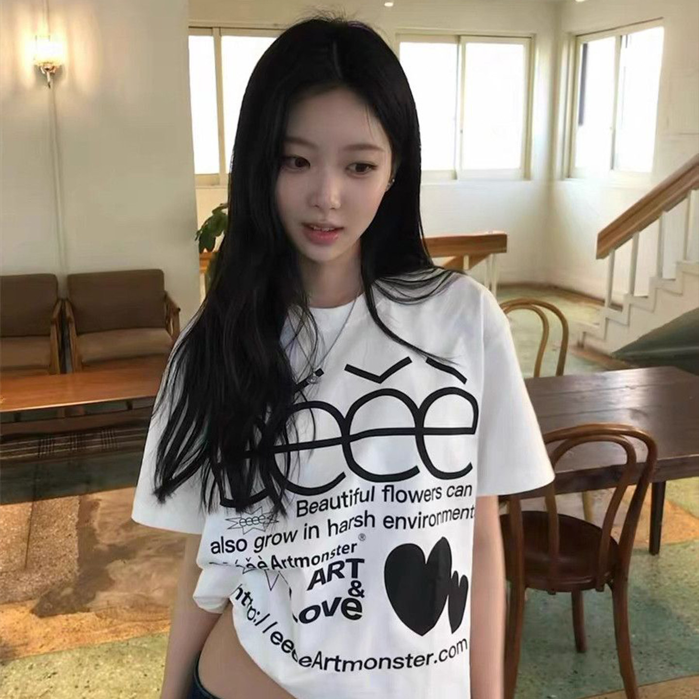 白色短袖爱心字母女大童T恤图片