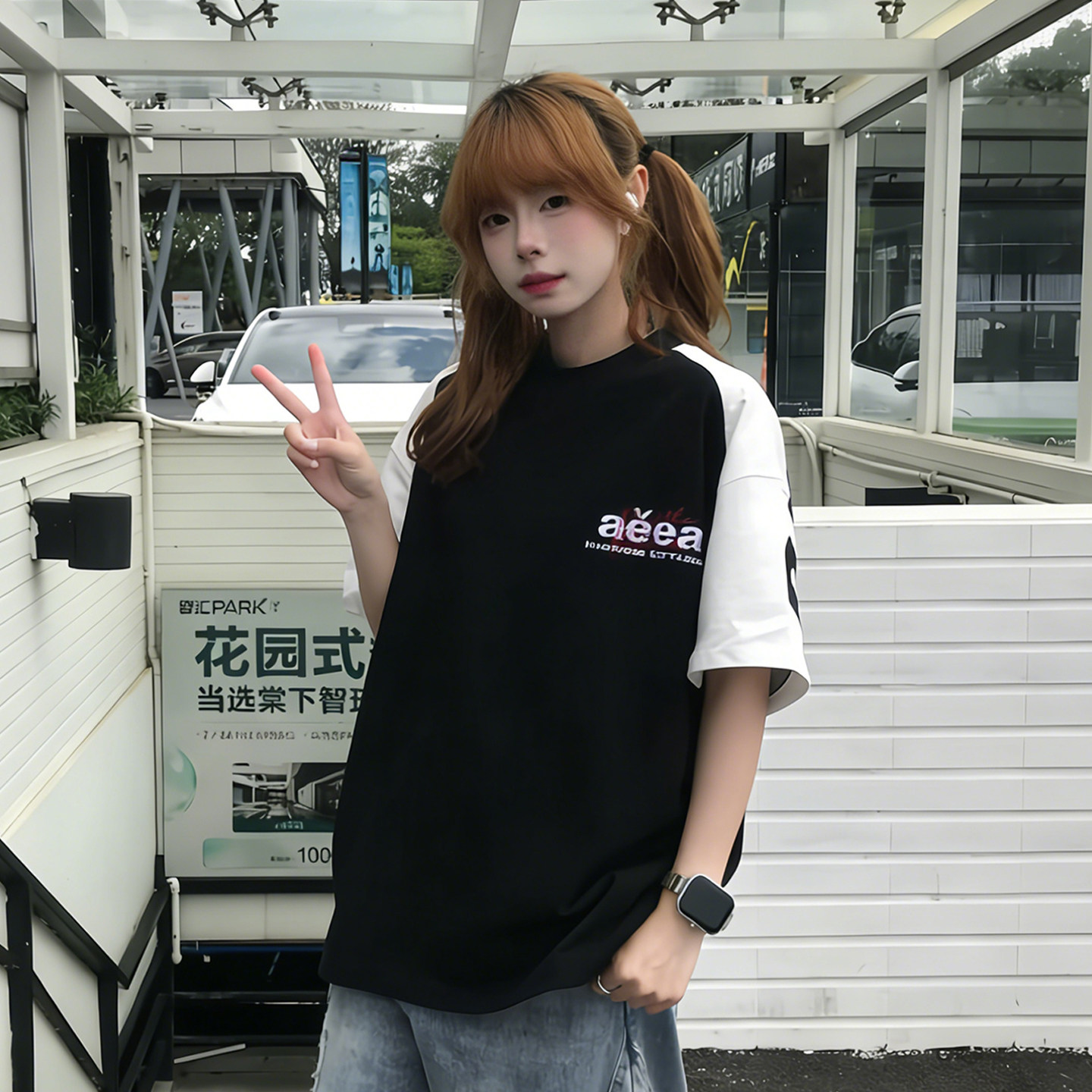 美式落肩宽松刺绣女学生短袖T恤图片