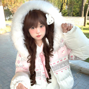 甜美可爱风白色毛领连帽羽绒服女大童初中高中学生加厚小个子外套