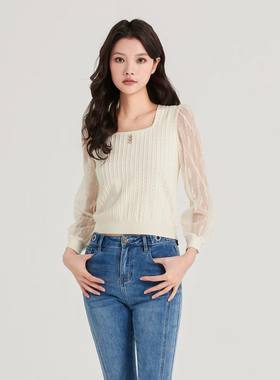 清仓！阿依莲a.yilian 蕾丝袖套头毛衣