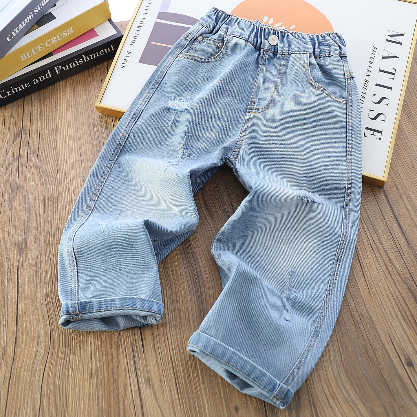 纯棉男童裤子儿童休闲破洞牛仔裤帅气潮春秋款中大童男孩直筒长裤