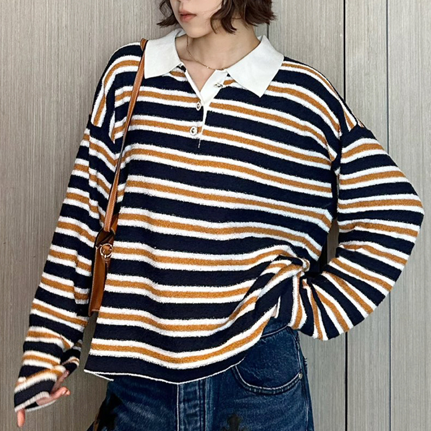 小香风条纹POLO领宽松针织衫女