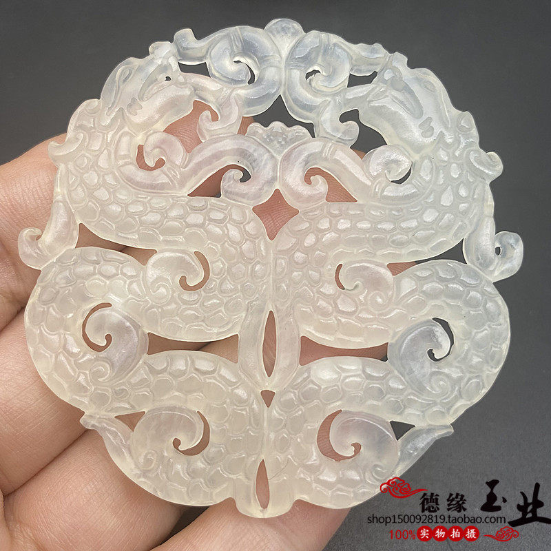 岫玉镂空仿古龙吊坠挂件 玉石车挂双龙戏珠古风玉佩 汉服腰佩流苏