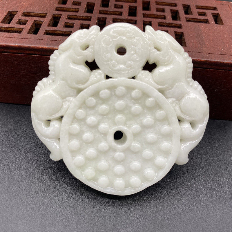 蓝田玉镂空仿古龙平安扣吊坠挂件二龙戏珠项链玉坠保平安玉牌玉佩