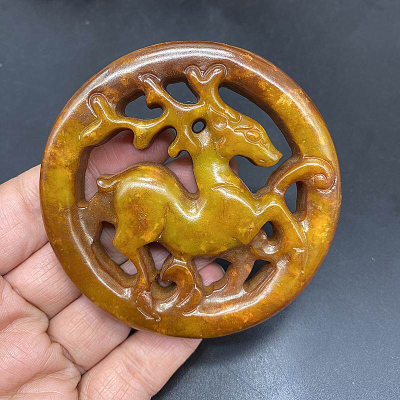 岫玉仿古玉小鹿吊坠圆环镂空一路有你古风玉佩汉服腰佩玉坠茶壶托