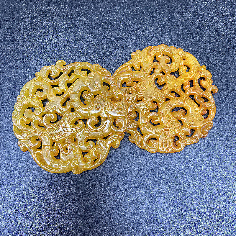 岫玉仿古做旧龙凤吊坠挂件镂空双面雕刻玉佩玉坠男女款玉腰佩流苏