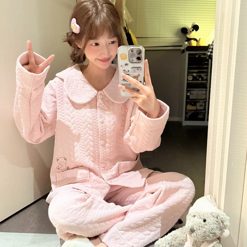 睡衣女秋冬季长袖空气棉夹层保暖