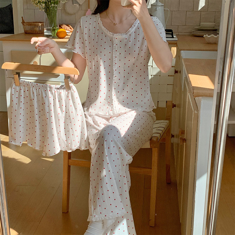 三件套装睡衣女夏季纯棉短袖短裤长裤甜美花边纯欲风家居服可外穿,女士内衣/男士内衣/家居服,睡衣/家居服套装,淘宝优惠券,粉丝福利购,淘宝优惠卷