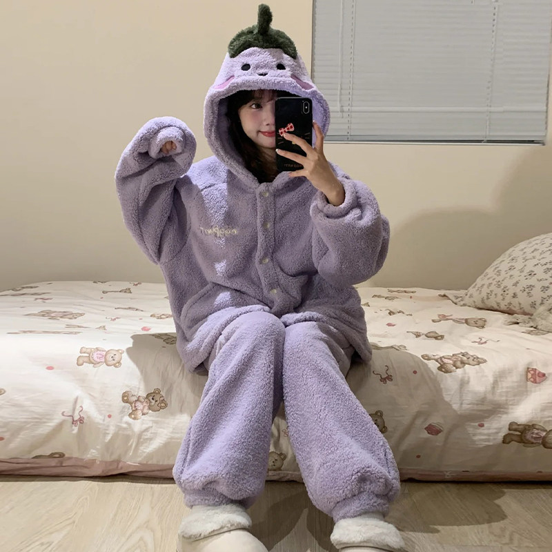 睡衣女秋冬季珊瑚绒加厚绒法兰绒可爱紫色茄子连帽开衫家居服套装