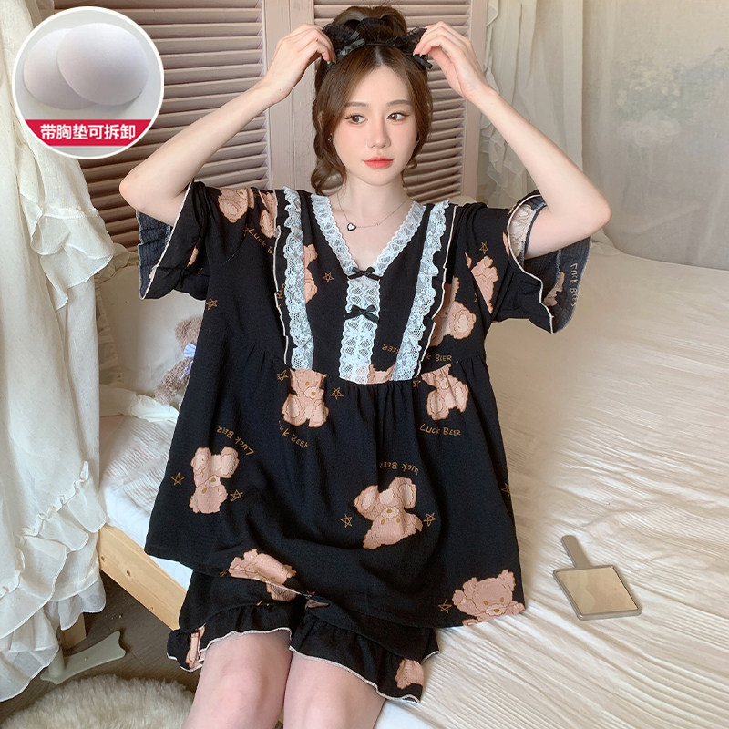 带胸垫睡衣女夏季纯棉短袖裤卡通小熊加肥加大码300斤家居服套装,女士内衣/男士内衣/家居服,睡衣/家居服套装,淘宝优惠券,粉丝福利购,淘宝优惠卷