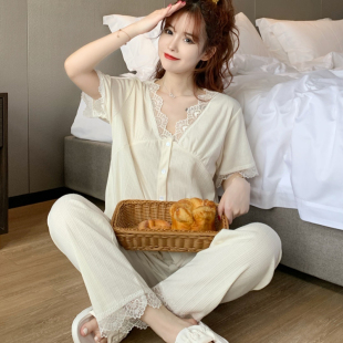 纯棉短袖 性感家居服套装 长裤 蕾丝花边薄款 2022年新款 睡衣女士夏季