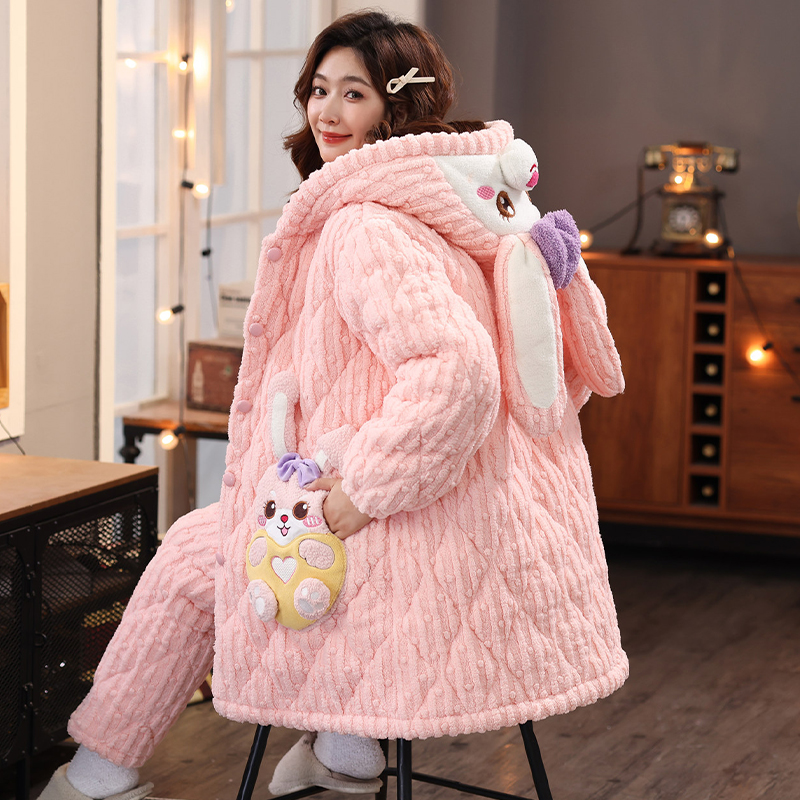 珊瑚绒睡衣女秋冬季超厚三层夹棉