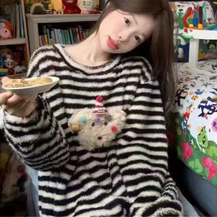 网红风条纹家居服套装 软绵绵半边绒睡衣女秋冬季 加厚绒珊瑚绒韩版