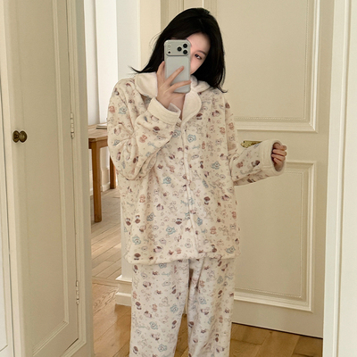 珊瑚绒睡衣女秋冬季加厚绒网红风