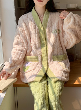 珊瑚绒睡衣女秋冬季加厚甜美套装