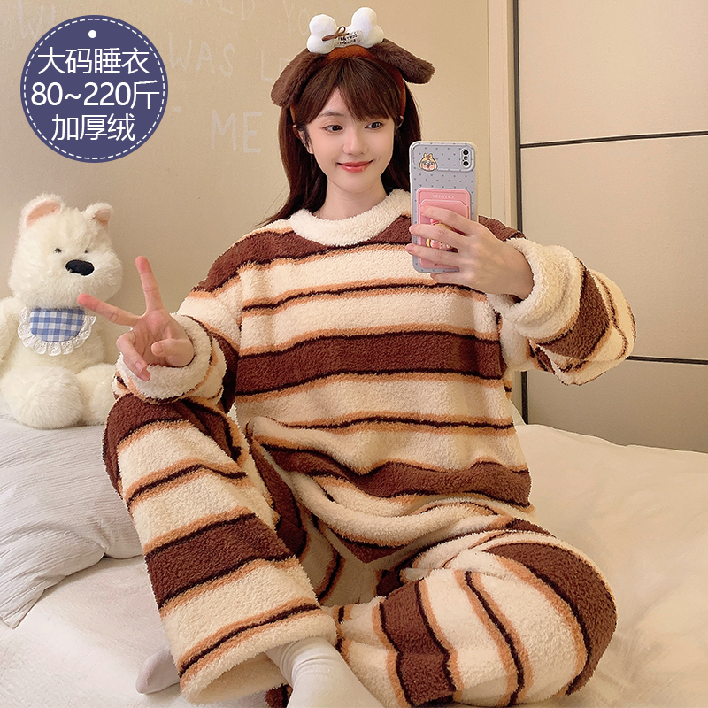 珊瑚绒睡衣女秋冬季加厚绒加大码