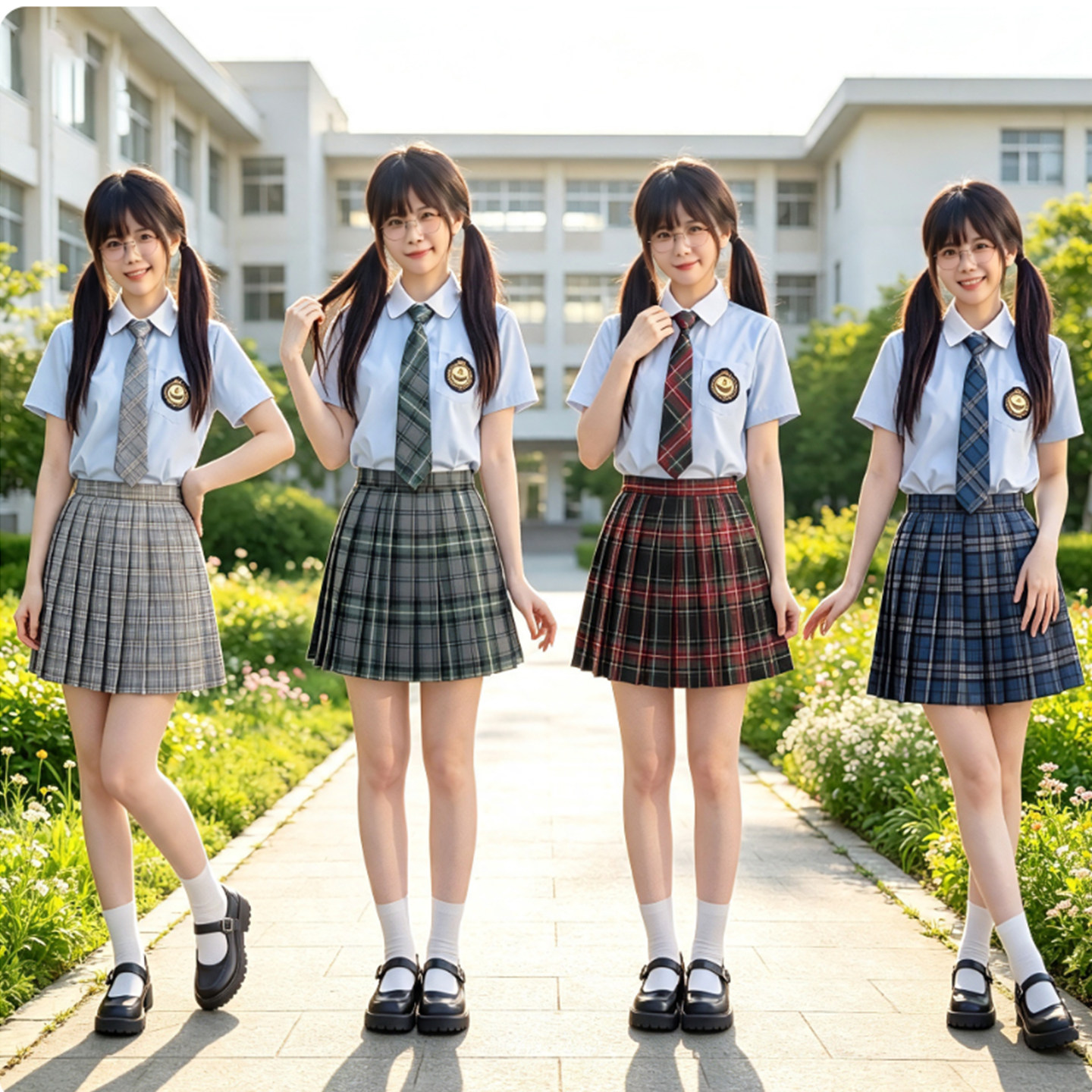 春夏浅蓝短袖格子裙校服女套装