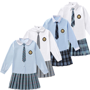 白色长袖尖领衬衫配格子裙+领带女套装