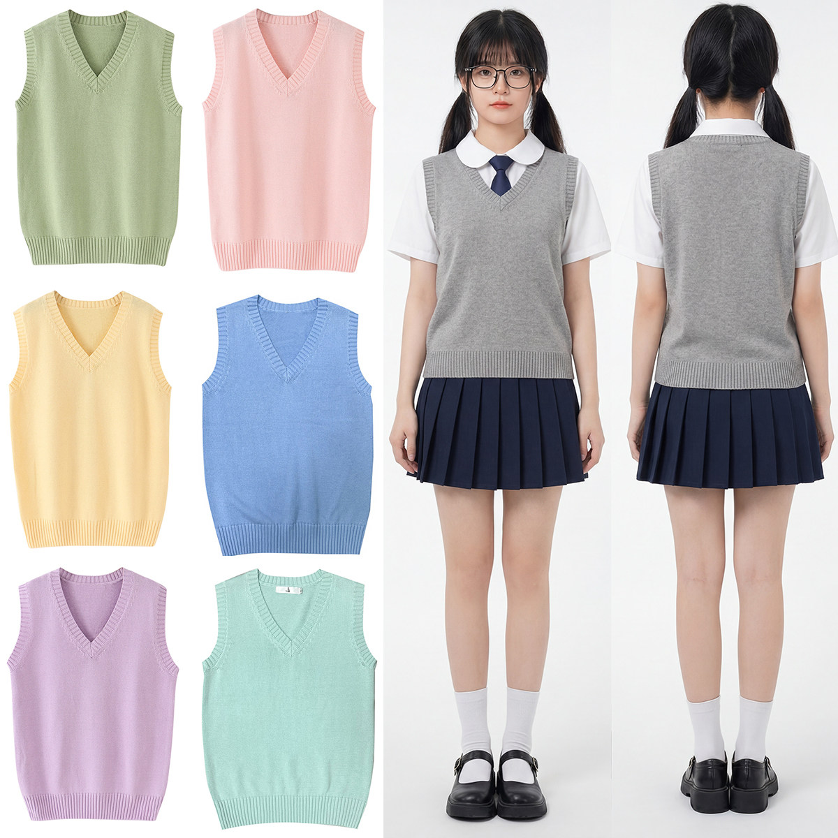 班校服纯色针织衫背心毛衣情侣男女无袖坎肩保暖V领英伦学院马甲