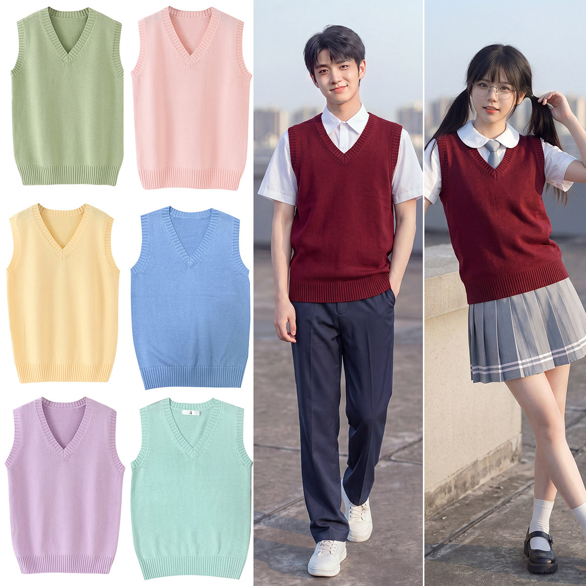 班校服纯色针织衫背心毛衣情侣男女无袖坎肩保暖V领英伦学院马甲