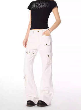 KADI美式复古多口袋cargo工装牛仔裤男女直筒宽松微喇裤长裤男女