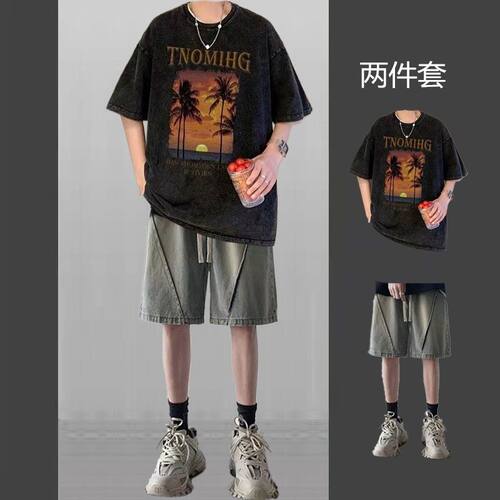 男薄款纯棉短袖夏T恤休闲运动套装潮流大码牛仔短裤痞帅复古韩版