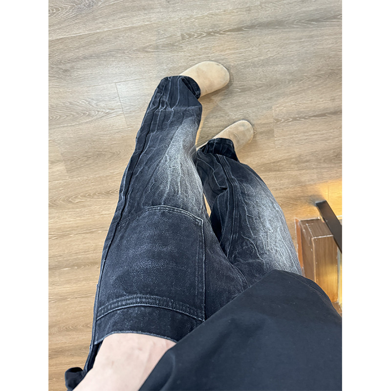cleanfit水洗裂纹牛仔裤男款春季美式高街vibe裤子修身显瘦微喇裤