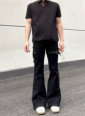 ZG19 vibe白色绑带微喇工装牛仔男cleanfit美式高街修身弹力长裤