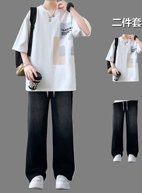 青少年夏季纯棉短袖T恤休闲运动套装牛仔裤韩版男生五分袖宽松