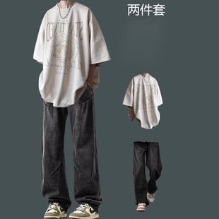 休闲运动套装短袖夏季男生韩版百搭帅气时尚痞帅牛仔裤潮流男士