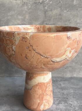 天然粉色粉趣大理石果盘托盘高腿私宅设计师专用轻奢奢石