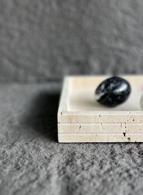 天然洞石大理石方形托盘雕刻摆件