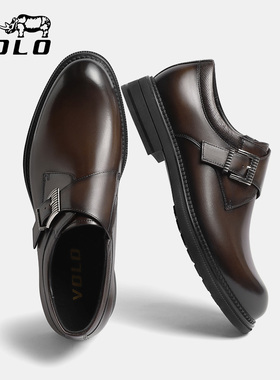 VOLO/犀牛男士皮鞋男正装商务2025新款真皮英伦风孟克鞋增高尖头