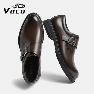 VOLO/犀牛男士皮鞋男正装商务2025新款真皮英伦风孟克鞋增高尖头