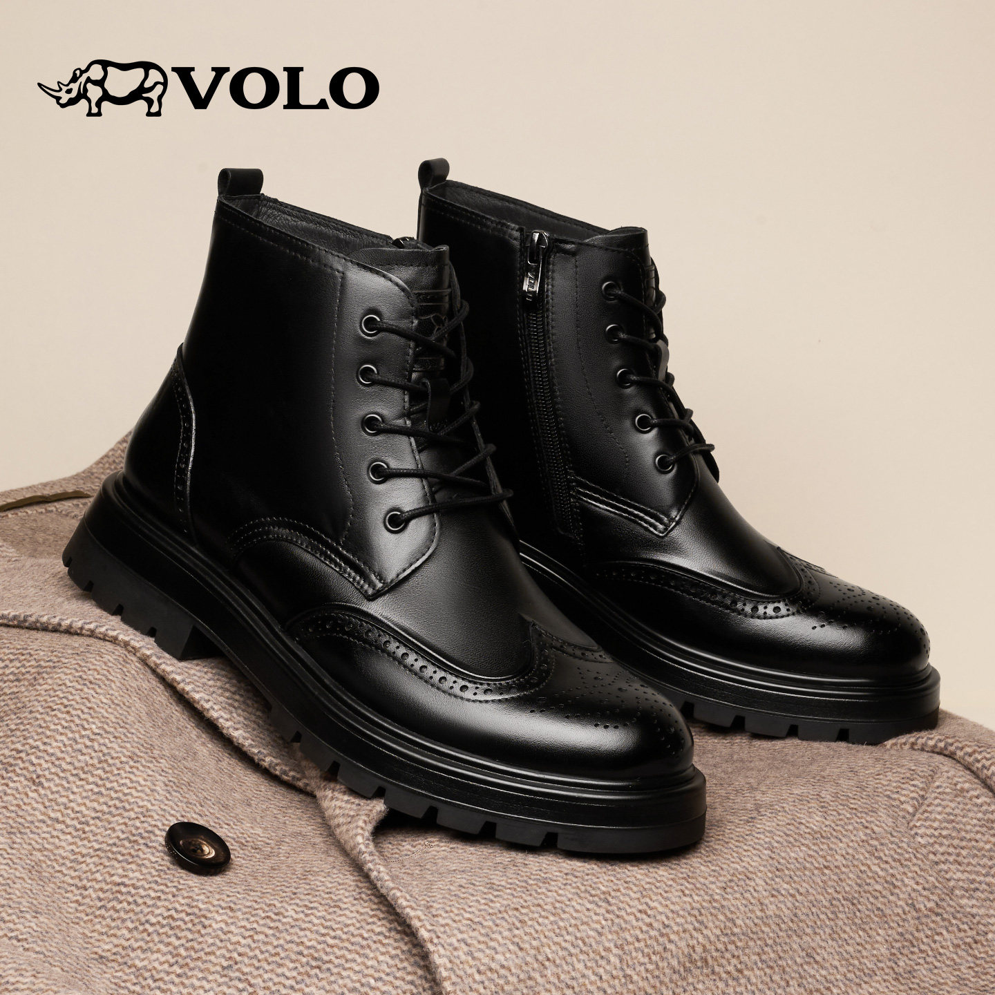 VOLO/犀牛马丁靴男款2025新款秋冬真皮增高厚底男士工装雕花皮靴