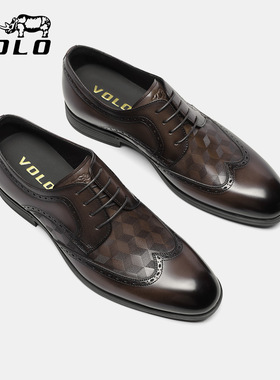VOLO犀牛皮鞋男士商务正装男鞋秋春英伦风布洛克男士雕花皮鞋增高