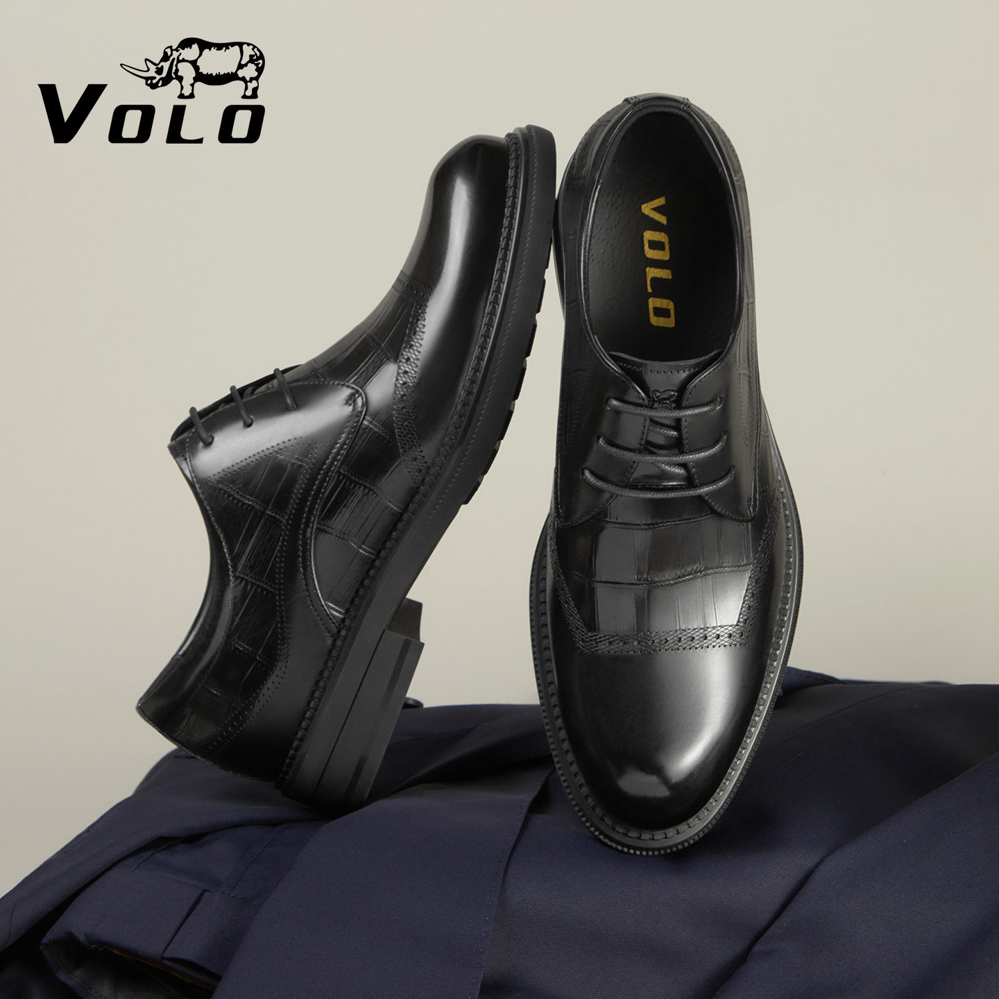 VOLO/犀牛皮鞋男结婚男士正装皮鞋真皮内增高男士商务德比鞋软底